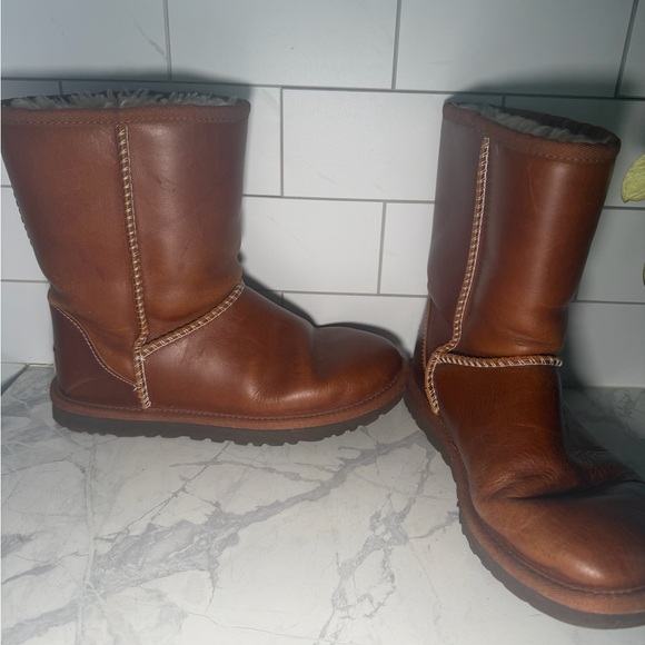 UGG Chestnut Brown Leather Mid-Calf Boots with Whipstitch - Picture 4 of 10